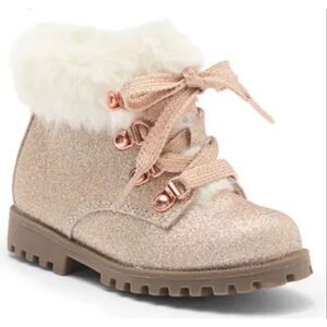 Canyon Girls Glitter Fur Boots Size 11 Rose Gold Side Zip Lace Up NEW